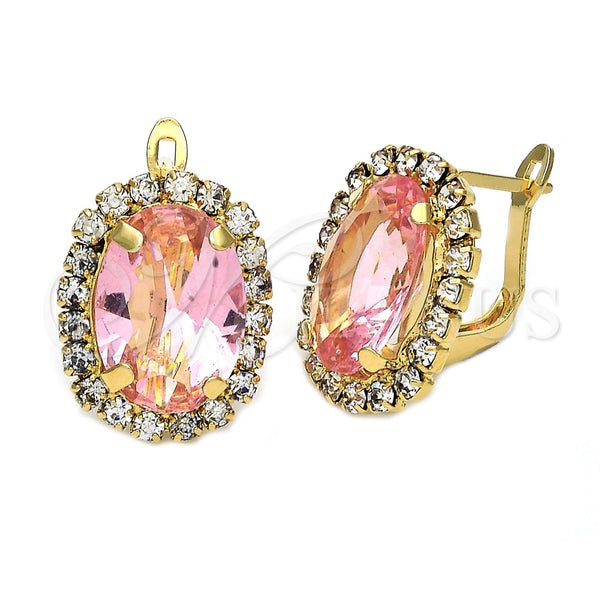 Oro Laminado Leverback Earring, Gold Filled Style Flower Design, with Rose and White Cubic Zirconia, Polished, Golden Finish, 5.013.009