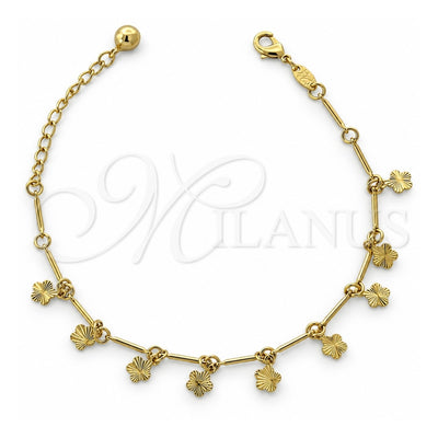 Oro Laminado Charm Bracelet, Gold Filled Style Flower and Rattle Charm Design, Diamond Cutting Finish, Golden Finish, 5.016.014.07 (03 MM Thickness, 7 Inches Length)