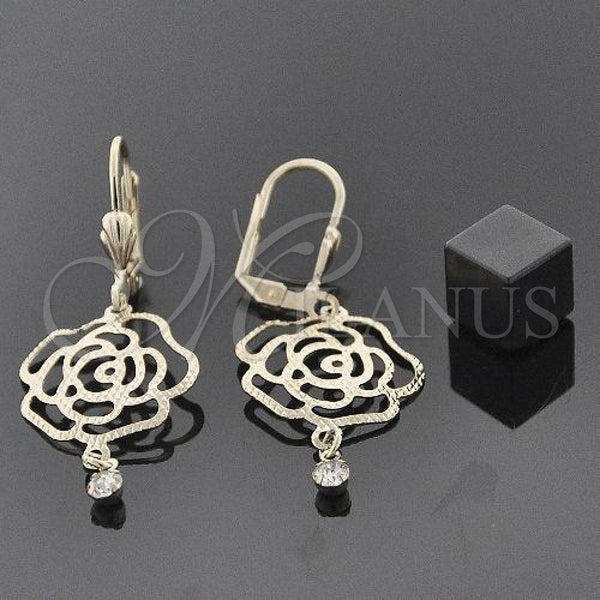 Oro Laminado Dangle Earring, Gold Filled Style Flower Design, with White Cubic Zirconia, Diamond Cutting Finish, Golden Finish, 5.017.011