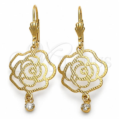 Oro Laminado Dangle Earring, Gold Filled Style Flower Design, with White Cubic Zirconia, Diamond Cutting Finish, Golden Finish, 5.017.011
