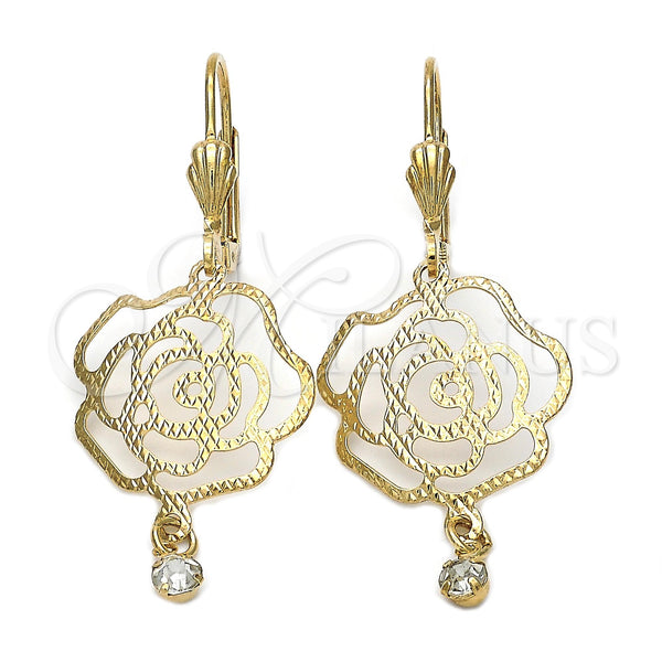 Oro Laminado Dangle Earring, Gold Filled Style Flower Design, with White Cubic Zirconia, Diamond Cutting Finish, Golden Finish, 5.017.011