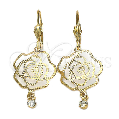 Oro Laminado Dangle Earring, Gold Filled Style Flower Design, with White Cubic Zirconia, Diamond Cutting Finish, Golden Finish, 5.017.011