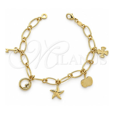 Oro Laminado Charm Bracelet, Gold Filled Style Apple and key Design, Polished, Golden Finish, 5.021.008 (08 MM Thickness, 8 Inches Length)