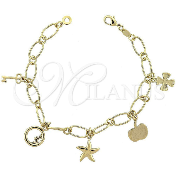 Oro Laminado Charm Bracelet, Gold Filled Style Apple and key Design, Polished, Golden Finish, 5.021.008 (08 MM Thickness, 8 Inches Length)