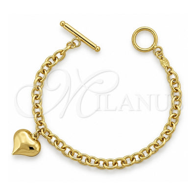 Oro Laminado Charm Bracelet, Gold Filled Style Heart and Rolo Design, Polished, Golden Finish, 5.023.003 (06 MM Thickness, 7 Inches Length)