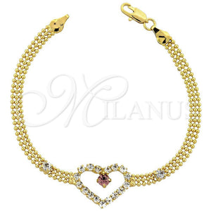 Oro Laminado Fancy Bracelet, Gold Filled Style Heart Design, with Violet and White Cubic Zirconia, Polished, Golden Finish, 5.023.004 (17 MM Thickness, 8 Inches Length)