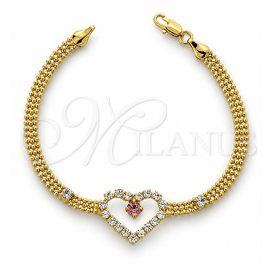 Oro Laminado Fancy Bracelet, Gold Filled Style Heart Design, with Violet and White Cubic Zirconia, Polished, Golden Finish, 5.023.004 (17 MM Thickness, 8 Inches Length)