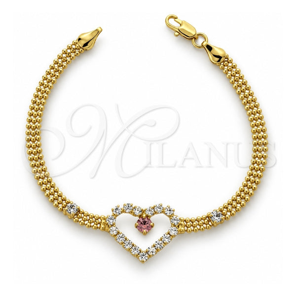 Oro Laminado Fancy Bracelet, Gold Filled Style Heart Design, with Violet and White Cubic Zirconia, Polished, Golden Finish, 5.023.004 (17 MM Thickness, 8 Inches Length)