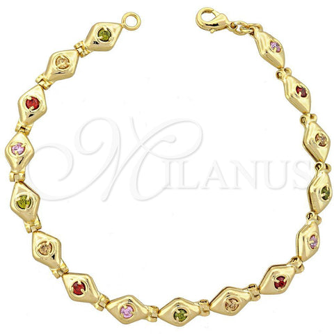 Oro Laminado Fancy Bracelet, Gold Filled Style with Multicolor Cubic Zirconia, Polished, Golden Finish, 5.026.014 (05 MM Thickness, 7 Inches Length)
