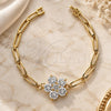 Oro Laminado Fancy Bracelet, Gold Filled Style Flower Design, with White Cubic Zirconia, Polished, Golden Finish, 5.028.001 (22 MM Thickness, 7 Inches Length)