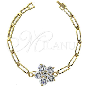Oro Laminado Fancy Bracelet, Gold Filled Style Flower Design, with White Cubic Zirconia, Polished, Golden Finish, 5.028.001 (22 MM Thickness, 7 Inches Length)
