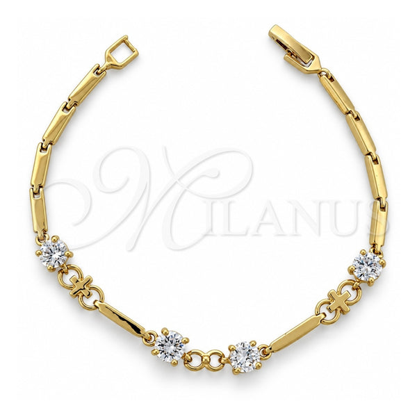 Oro Laminado Fancy Bracelet, Gold Filled Style Cross Design, with White Cubic Zirconia, Polished, Golden Finish, 5.029.006 (06 MM Thickness, 7 Inches Length)