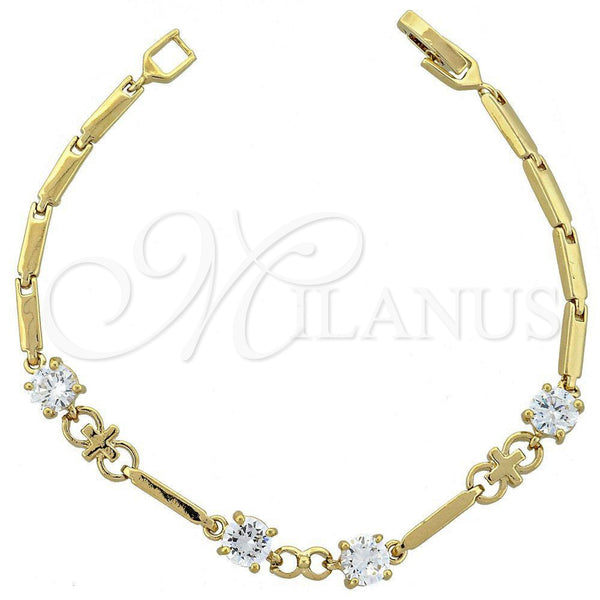Oro Laminado Fancy Bracelet, Gold Filled Style Cross Design, with White Cubic Zirconia, Polished, Golden Finish, 5.029.006 (06 MM Thickness, 7 Inches Length)
