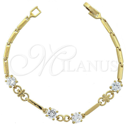 Oro Laminado Fancy Bracelet, Gold Filled Style Cross Design, with White Cubic Zirconia, Polished, Golden Finish, 5.029.006 (06 MM Thickness, 7 Inches Length)