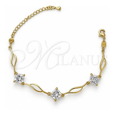 Oro Laminado Fancy Bracelet, Gold Filled Style Leaf Design, with White Cubic Zirconia, Polished, Golden Finish, 5.030.003 (12 MM Thickness, 8 Inches Length)