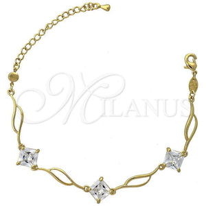 Oro Laminado Fancy Bracelet, Gold Filled Style Leaf Design, with White Cubic Zirconia, Polished, Golden Finish, 5.030.003 (12 MM Thickness, 8 Inches Length)