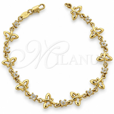 Oro Laminado Fancy Bracelet, Gold Filled Style Butterfly and Flower Design, with White Cubic Zirconia, Polished, Golden Finish, 5.030.005 (11 MM Thickness, 7 Inches Length)