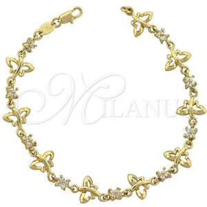 Oro Laminado Fancy Bracelet, Gold Filled Style Butterfly and Flower Design, with White Cubic Zirconia, Polished, Golden Finish, 5.030.005 (11 MM Thickness, 7 Inches Length)