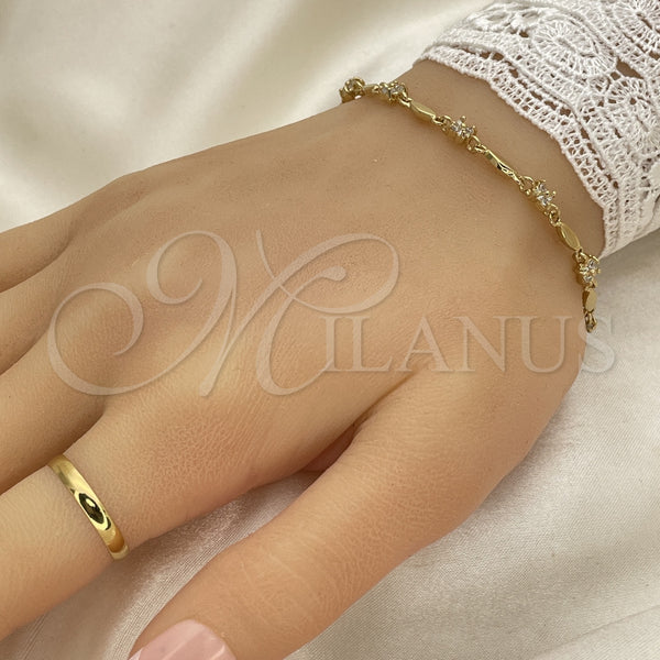 Oro Laminado Fancy Bracelet, Gold Filled Style Flower and Leaf Design, with White Cubic Zirconia, Polished, Golden Finish, 5.030.010 (05 MM Thickness, 7 Inches Length)