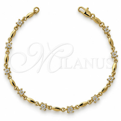 Oro Laminado Fancy Bracelet, Gold Filled Style Flower and Leaf Design, with White Cubic Zirconia, Polished, Golden Finish, 5.030.010 (05 MM Thickness, 7 Inches Length)