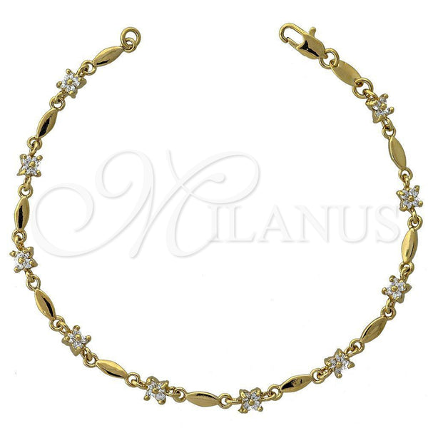 Oro Laminado Fancy Bracelet, Gold Filled Style Flower and Leaf Design, with White Cubic Zirconia, Polished, Golden Finish, 5.030.010 (05 MM Thickness, 7 Inches Length)