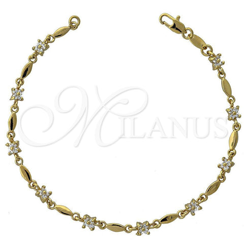 Oro Laminado Fancy Bracelet, Gold Filled Style Flower and Leaf Design, with White Cubic Zirconia, Polished, Golden Finish, 5.030.010 (05 MM Thickness, 7 Inches Length)