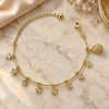 Oro Laminado Charm Bracelet, Gold Filled Style Flower and Teardrop Design, with White Cubic Zirconia, Diamond Cutting Finish, Golden Finish, 5.033.010 (03 MM Thickness, 9 Inches Length)