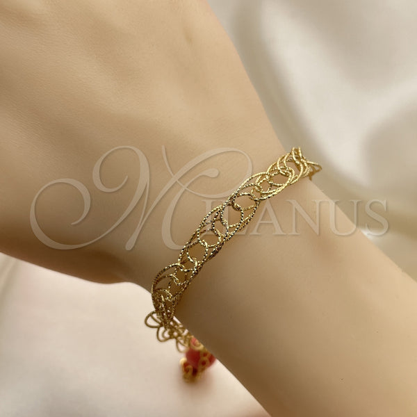 Oro Laminado Charm Bracelet, Gold Filled Style Ball Design, with Light Rhodolite Opal and Pink Pearl, Diamond Cutting Finish, Golden Finish, 5.037.007 (08 MM Thickness, 8 Inches Length)