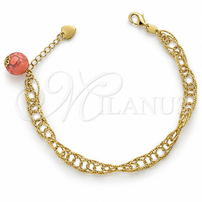Oro Laminado Charm Bracelet, Gold Filled Style Ball Design, with Light Rhodolite Opal and Pink Pearl, Diamond Cutting Finish, Golden Finish, 5.037.007 (08 MM Thickness, 8 Inches Length)