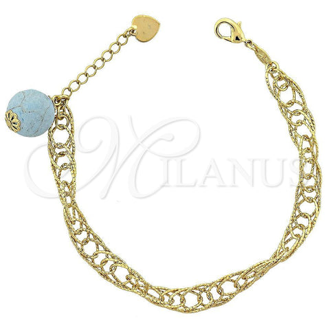 Oro Laminado Fancy Bracelet, Gold Filled Style Ball Design, with Blue Topaz Opal, Diamond Cutting Finish, Golden Finish, 5.037.008 (08 MM Thickness, 8 Inches Length)