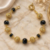 Oro Laminado Fancy Bracelet, Gold Filled Style Ball Design, with Black Azavache, Diamond Cutting Finish, Golden Finish, 5.038.001 (12 MM Thickness, 9 Inches Length)