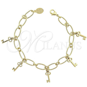 Oro Laminado Charm Bracelet, Gold Filled Style key Design, Polished, Golden Finish, 5.022.010.1 (0.40 Gauge, 07 MM Thickness, 8 Inches Length)