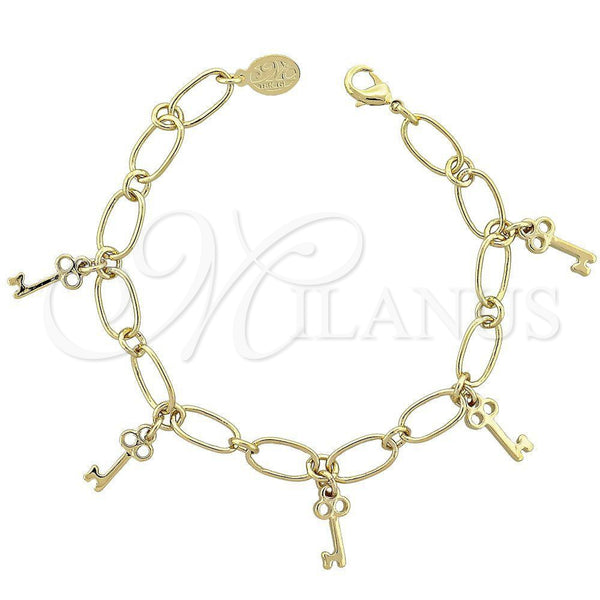 Oro Laminado Charm Bracelet, Gold Filled Style key Design, Polished, Golden Finish, 5.022.010.1 (0.40 Gauge, 07 MM Thickness, 8 Inches Length)