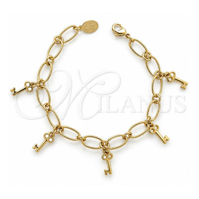 Oro Laminado Charm Bracelet, Gold Filled Style key Design, Polished, Golden Finish, 5.022.010.1 (0.40 Gauge, 07 MM Thickness, 8 Inches Length)