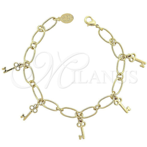 Oro Laminado Charm Bracelet, Gold Filled Style key Design, Polished, Golden Finish, 5.022.010.1 (0.40 Gauge, 07 MM Thickness, 8 Inches Length)
