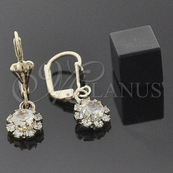 Oro Laminado Dangle Earring, Gold Filled Style Flower Design, with White Cubic Zirconia, Polished, Golden Finish, 5.125.017