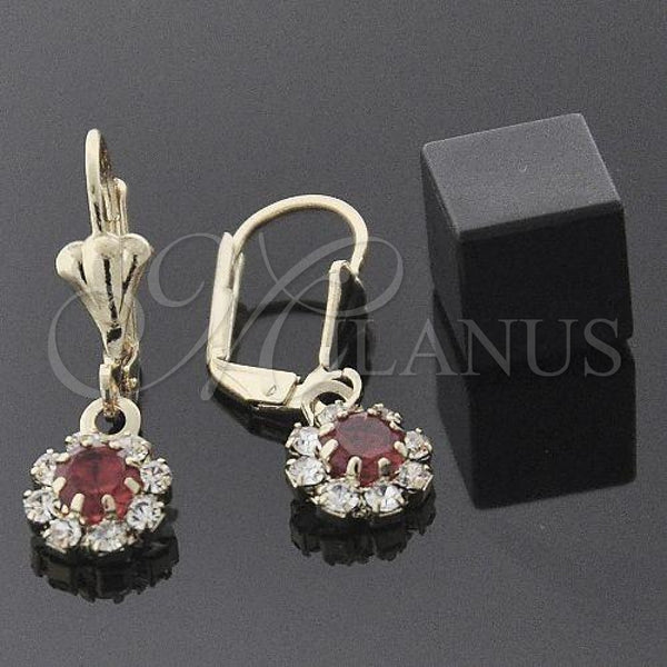 Oro Laminado Dangle Earring, Gold Filled Style Flower Design, with White and Garnet Cubic Zirconia, Polished, Golden Finish, 5.125.019
