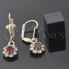 Oro Laminado Dangle Earring, Gold Filled Style Flower Design, with White and Garnet Cubic Zirconia, Polished, Golden Finish, 5.125.019