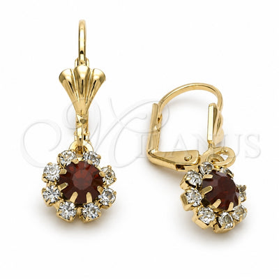 Oro Laminado Dangle Earring, Gold Filled Style Flower Design, with White and Garnet Cubic Zirconia, Polished, Golden Finish, 5.125.019
