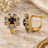 Oro Laminado Leverback Earring, Gold Filled Style Flower Design, with Garnet and White Cubic Zirconia, Polished, Golden Finish, 02.63.0096.4