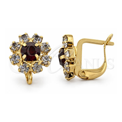 Oro Laminado Leverback Earring, Gold Filled Style Flower Design, with Garnet and White Cubic Zirconia, Polished, Golden Finish, 02.63.0096.4