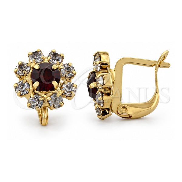Oro Laminado Leverback Earring, Gold Filled Style Flower Design, with Garnet and White Cubic Zirconia, Polished, Golden Finish, 02.63.0096.4