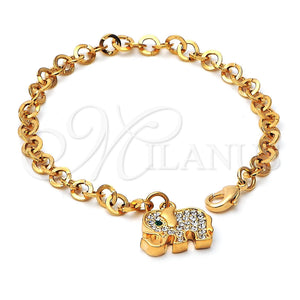 Oro Laminado Charm Bracelet, Gold Filled Style Elephant Design, with Green and White Crystal, Polished, Golden Finish, 03.63.0552 (05 MM Thickness, 7 Inches Length)