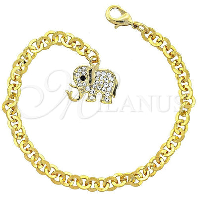 Oro Laminado Charm Bracelet, Gold Filled Style Elephant Design, with Black and White Crystal, Black Enamel for wholesale, main product view