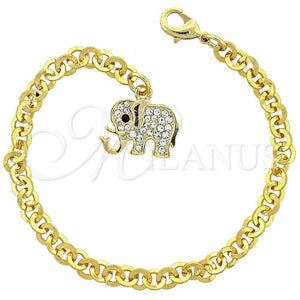 Oro Laminado Charm Bracelet, Gold Filled Style Elephant Design, with Black and White Crystal, Black Enamel Finish, Golden Finish, 03.63.0552.1 (17 MM Thickness, 7 Inches Length)