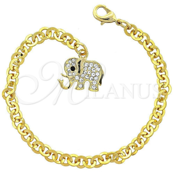 Oro Laminado Charm Bracelet, Gold Filled Style Elephant Design, with Black and White Crystal, Black Enamel Finish, Golden Finish, 03.63.0552.1 (17 MM Thickness, 7 Inches Length)