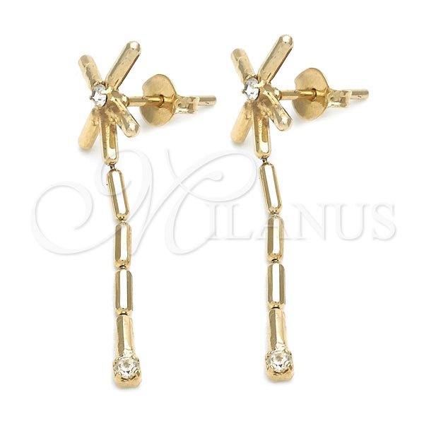 Oro Laminado Long Earring, Gold Filled Style with White Cubic Zirconia, Polished, Golden Finish, 02.01.0058