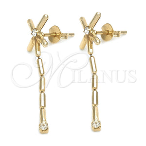 Oro Laminado Long Earring, Gold Filled Style with White Cubic Zirconia, Polished, Golden Finish, 02.01.0058