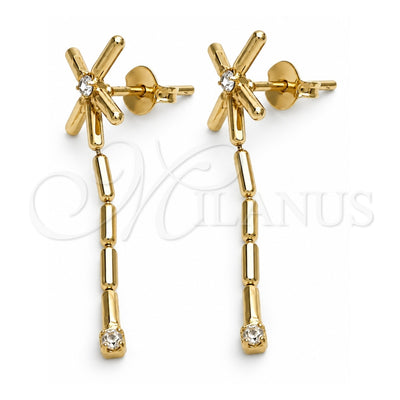 Oro Laminado Long Earring, Gold Filled Style with White Cubic Zirconia, Polished, Golden Finish, 02.01.0058