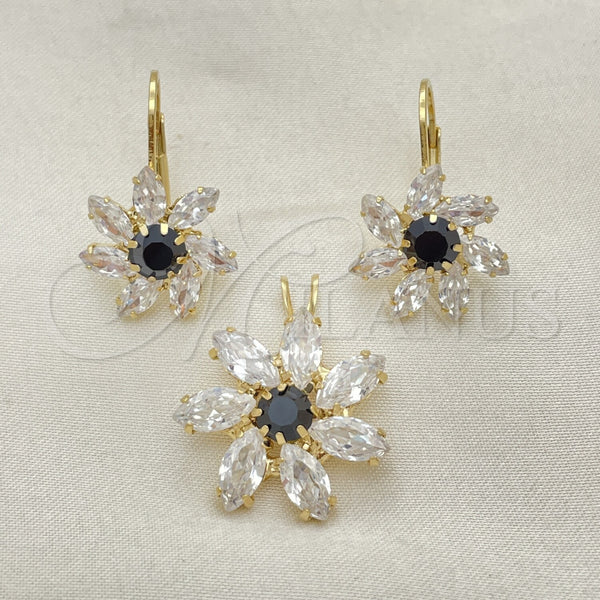 Oro Laminado Earring and Pendant Adult Set, Gold Filled Style Flower Design, with White Cubic Zirconia, Polished, Golden Finish, 5.056.001
